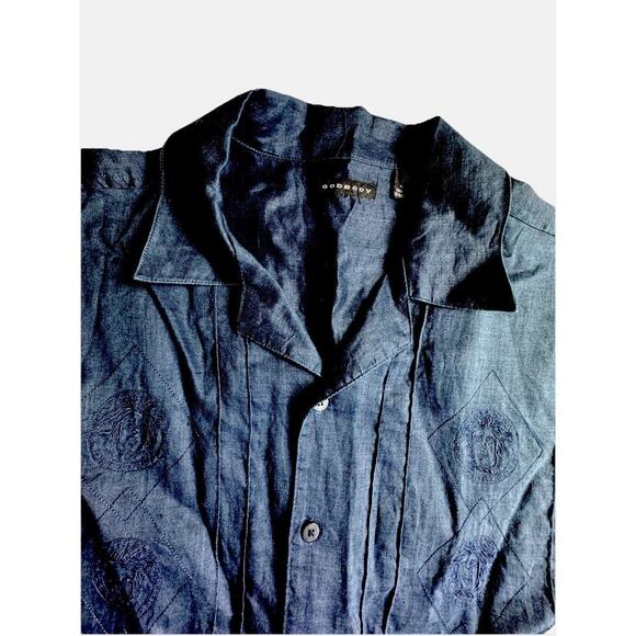Godbody Linen Deep Navy XL Embossed Button Down Shirt - Picture 4 of 10